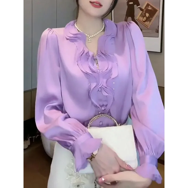 2023 New Spring and Autumn Design Sense Solid V-neck Ruffle Edge Light Luxury Luxury High Grade Temperament Covering Belly Shirt