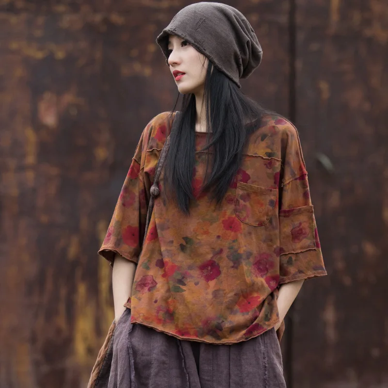 2026 Summer Vintage Floral Print T-Shirt Women 100% Cotton Sand Washed Crew Neck Short Sleeve Loose Casual Literary Retro Top
