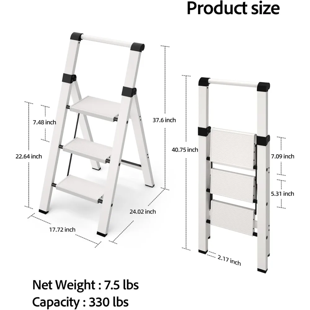 3-traps ladder, lichtgewicht aluminium opstapkruk met handige grip, vouwladder met antislippedalen, capaciteit van 330 lbs