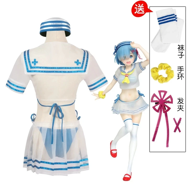 Illustration Re:Life In A Different World From Zero Rem Cosplay Costume Girl Wig Sailor Suit Cute Swimsuit Top Skirt Costumes