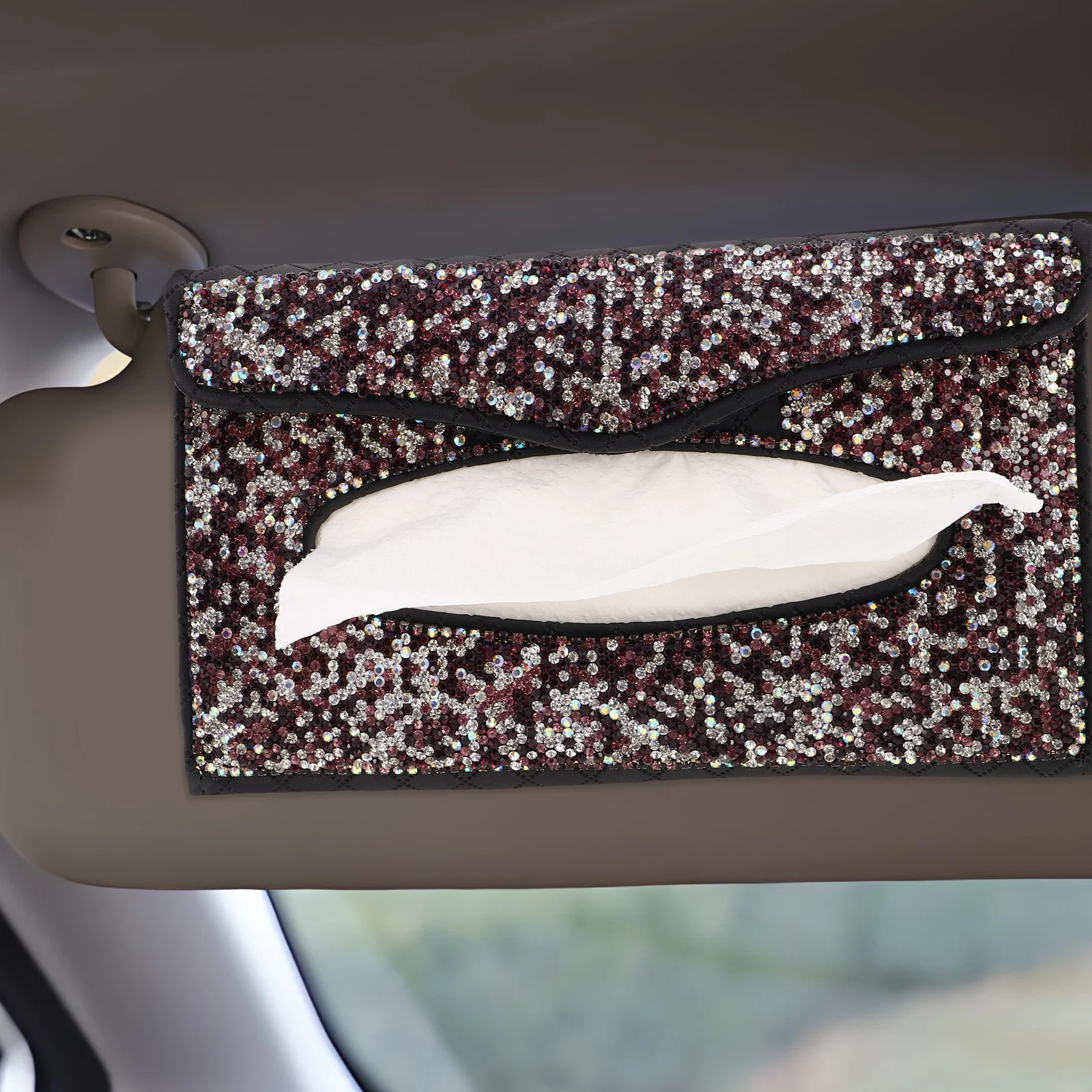

PU Material Bling Car Tissue Box Cover with Rhinestones Creative Design for Sun Visor and Backseat Convenient Access