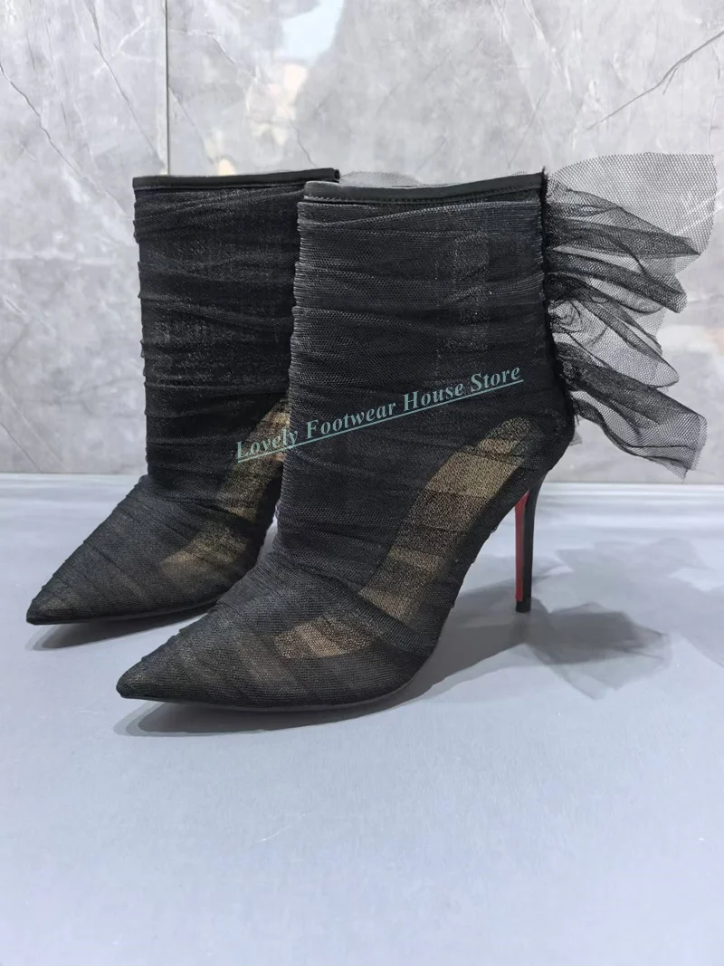 

Graceful Black Lace Decoration Woman High Top Boots 8cm 10cm 12cm Stiletto Heel Female Pointed Toe Back Zipper Ankle Short Boots