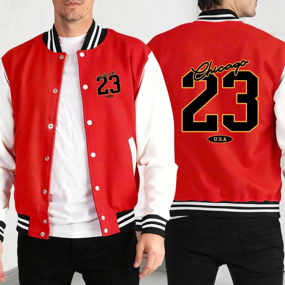 

Chicago Usa Number 23 Print Button Jackets Men'S Sports Loose Clothing High Street Winter Baseball Jersey Autumn Soft Clothes