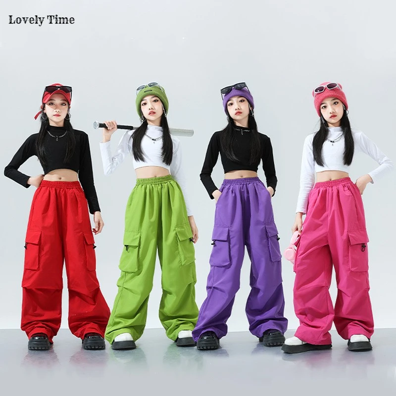 Girls K-pop Crop Top Colorful Joggers Pants Child Hip Hop Streetwear Cargo Pant Clothes Sets Kids Stage Girl Group Jazz Costumes