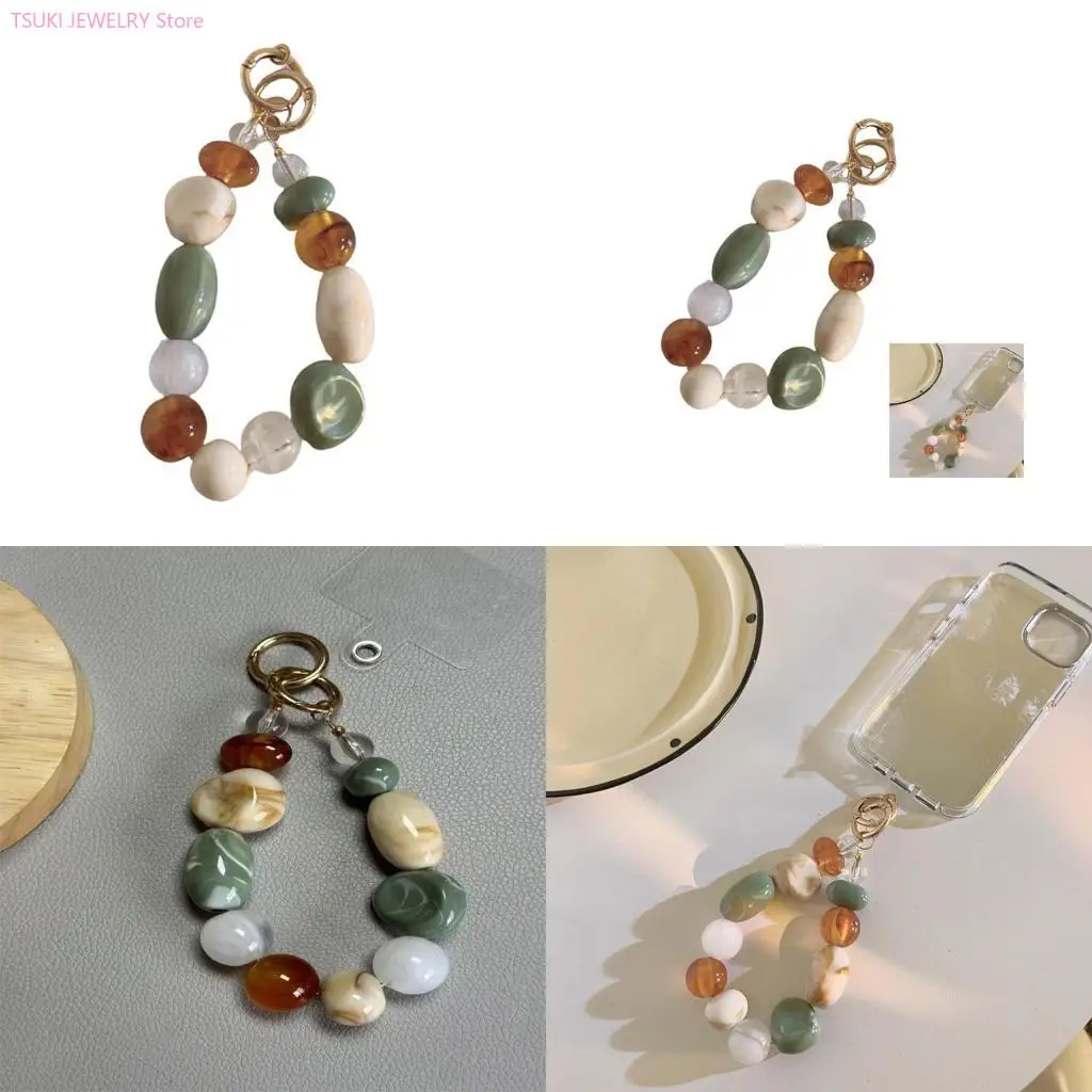 

62KE Unique Colorful Bead Phone Strap Chain Keychain Accessories Fashionable Beaded Cellphone Lanyard Bag Charm Pendant