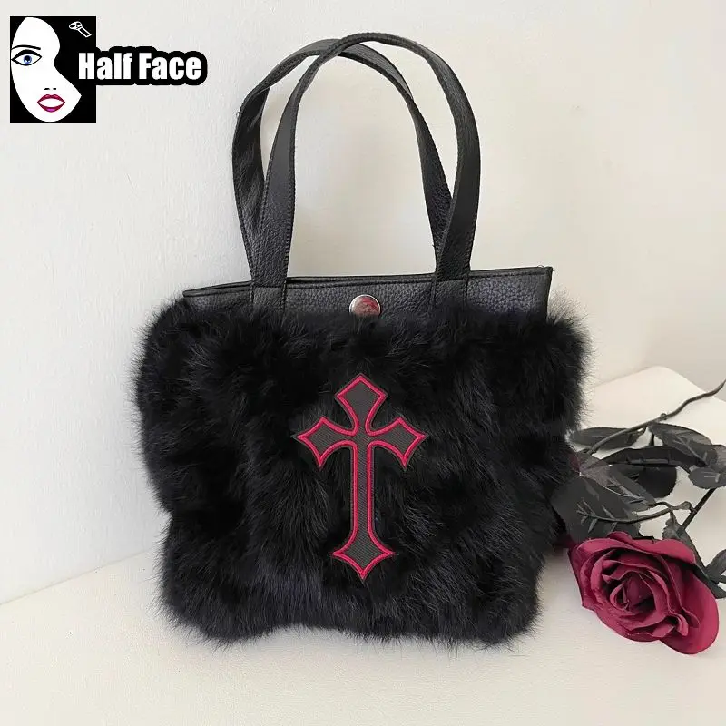 Y2K Girls Harajuku Women Gothic Subculture Autumn Winter High Street Punk One Shoulder Plush Rabbit Hair Black Cross Bags Tote