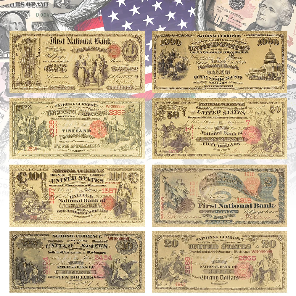 8PCS 1875 US Dollar Gold Banknotes Set in Envelope Durable Collectible USD Banknotes Gifts for Collectors Christmas Birthday