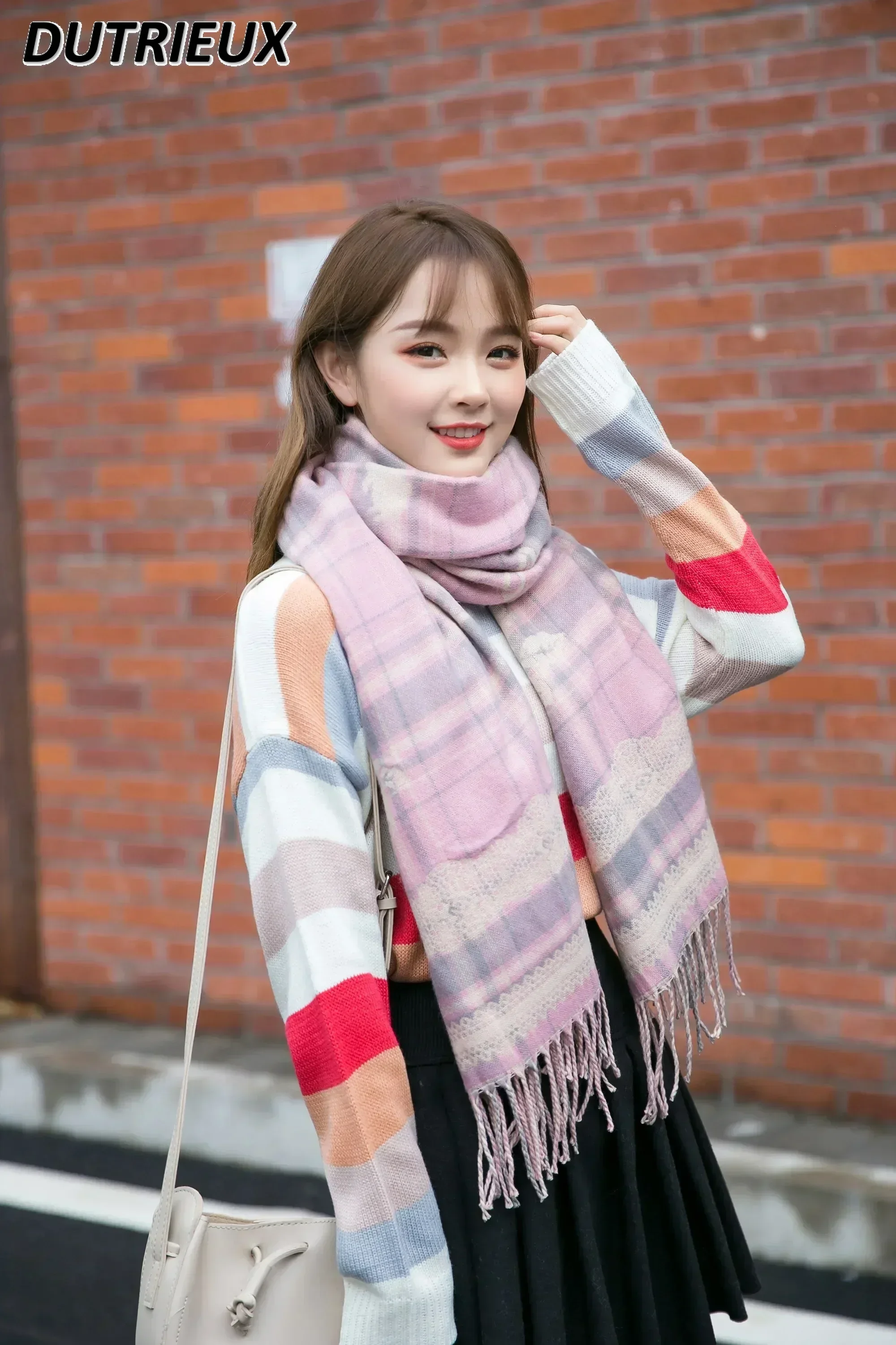 Japanese Scarf New Plaid Jacquard Cute Rabbit Bow New Winter Women's Warm Double-Sided Cashmere Shawl Lolita Scarf for Gilrs