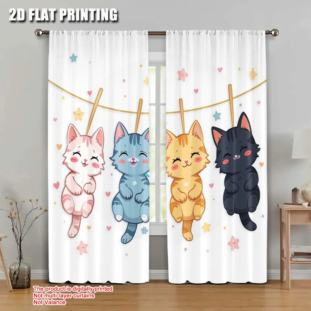 2pcs 2D flat printing Curtain Cute Hanging Cats Versatile Fabric Without Electricity Family Party Decoration Perfect for Bedroom