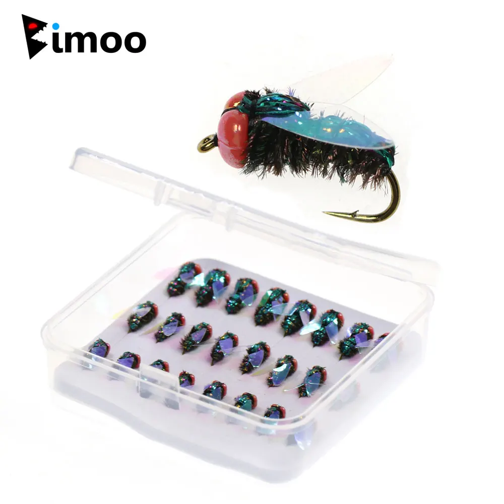 Bimoo 24PCS/Box 3D Holographic Bead Eyes Dry Fly Housefly Realistic Insect Floating Fly Trout Fishing Lures Baits #12 #14 #16