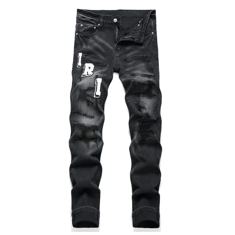 Men's retro black jeans with ripped holes, trendy stretch slim fit, fashionable pants, versatile men's pants