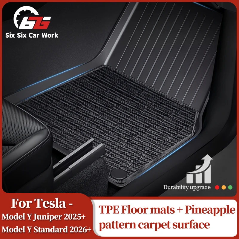 For Tesla Model Y Juniper 2025+ and Standard 2026+ TPE Floor Mats + Pineapple Pattern Carpet Surface Protective Foot Pads