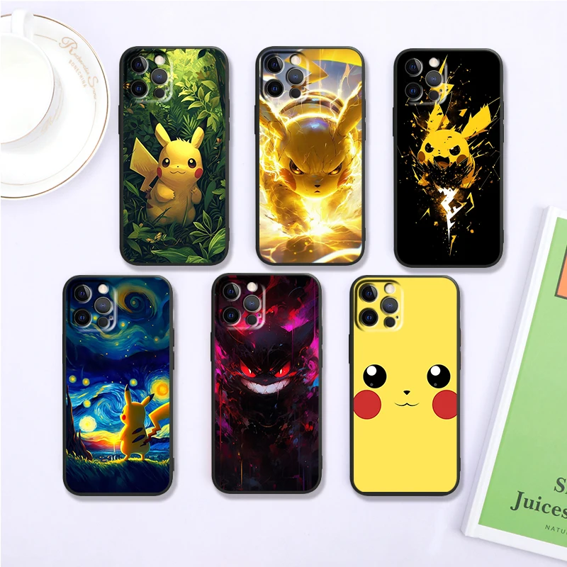 P-Pikachus L-Lightnings Cartoon For iPhone 15 14 13 12 11 XS XR X 8 7 SE Pro Max Plus Mini Black Soft Phone Case