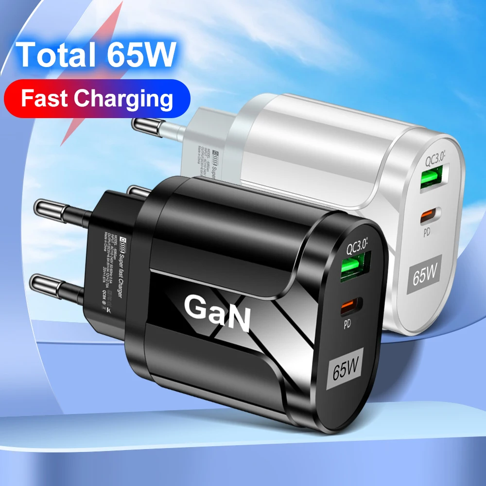 GaN 65W PD USB Type C Charger Mobile Phone Quick Charge Type C Wall Charger For iPhone Xiaomi Samsung Huawei EU/US Plug Charger