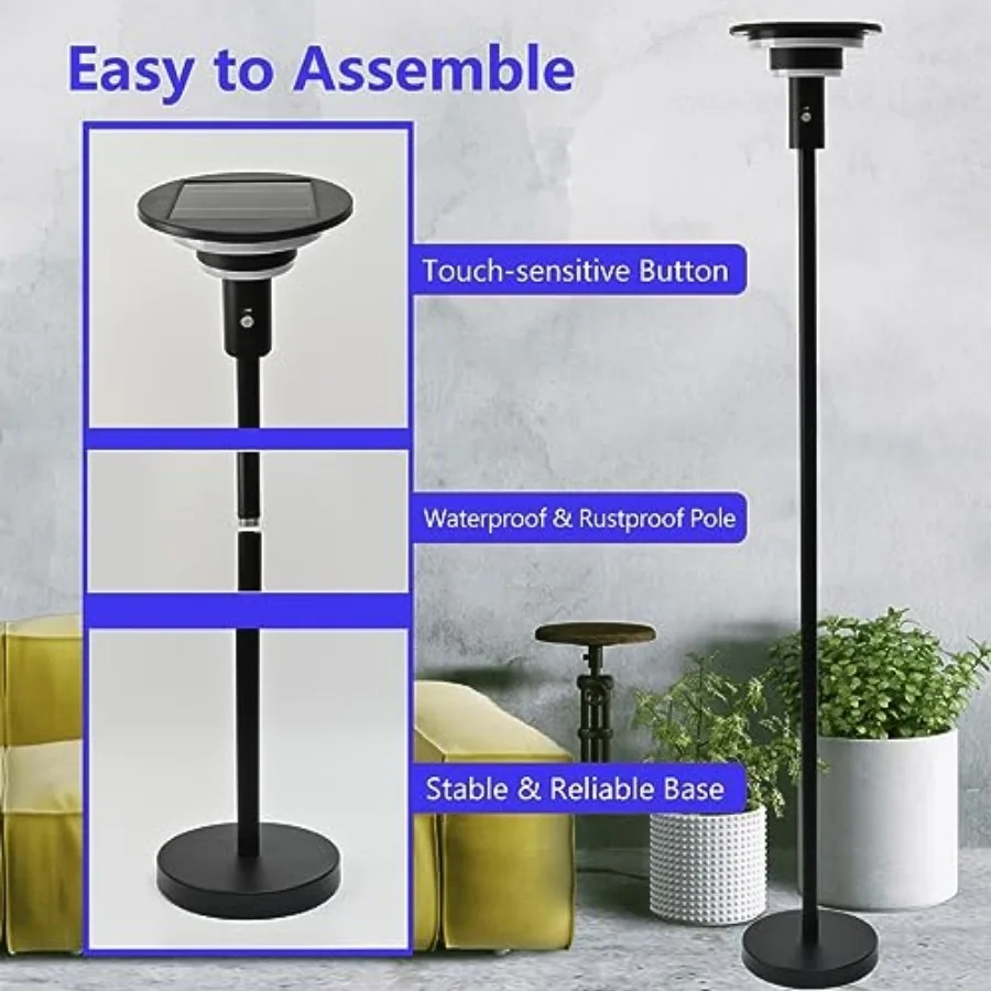 Solar Floor Lamp for Patio Waterproof IP44, Outdoor USB Rechargeable Cordless Floor Lamp with 3 Modes, Height Adjustable, Warm