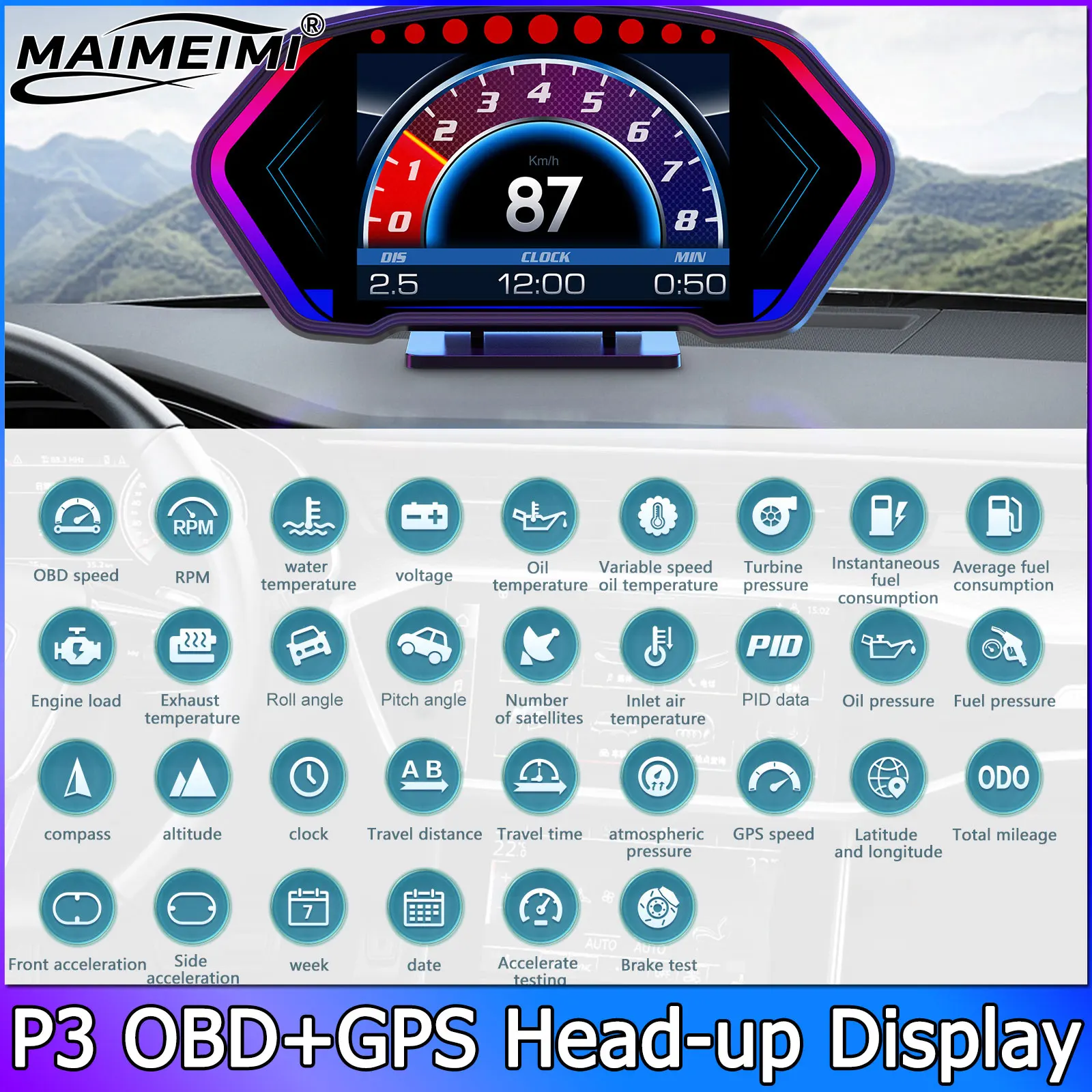 QC P3 HUD OBD+GPS Dual System 36 Functions Car Head Up Display GPS Speedometer Tachometer Slope Meter Water Temp Speed Alarm