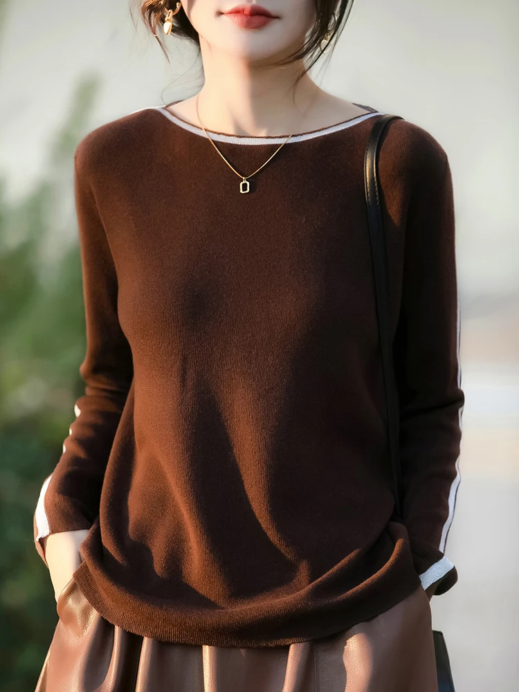 New Women Fine Wool Color Blocking Sweater Slash Neck Pullover Bottoming Clothing Autumn Winter Casual Warm Knitting Top
