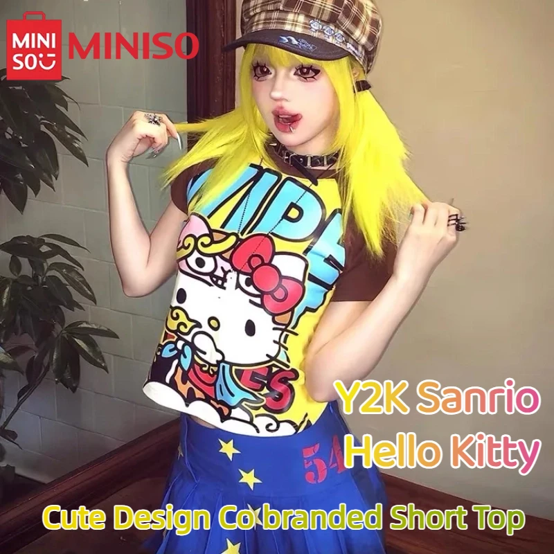 MINISO صيف جديد لطيف الكرتون سانريو مرحبا كيتي تي شيرت مطبوع للنساء قصيرة الأكمام س الرقبة تيز عادية القوطية موضة Y2K القمم