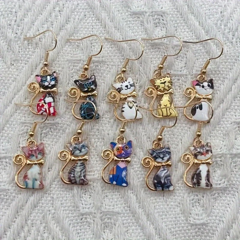 10pcs alloy oil drop printed cat earrings, women's earrings, the best choice for gifts