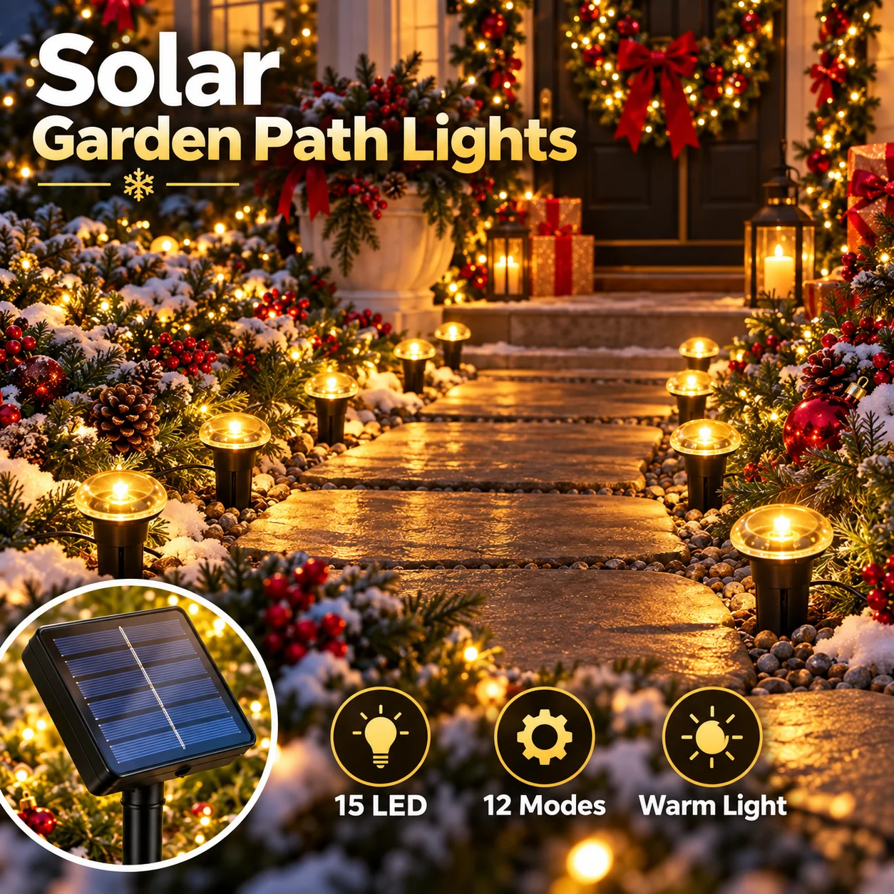 Christmas Solar Pathway Lights LED Ground Stake Lights Auto On at Night for Garden Yard Walkway Patio Holiday Decor