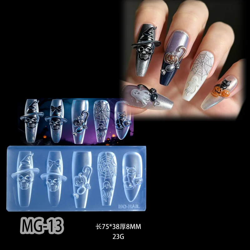 Halloween Ghost Skeleton Dark Style + Chinese Dragon Boat Carving Template Silicone Nail Mold for Nail Art Decoration