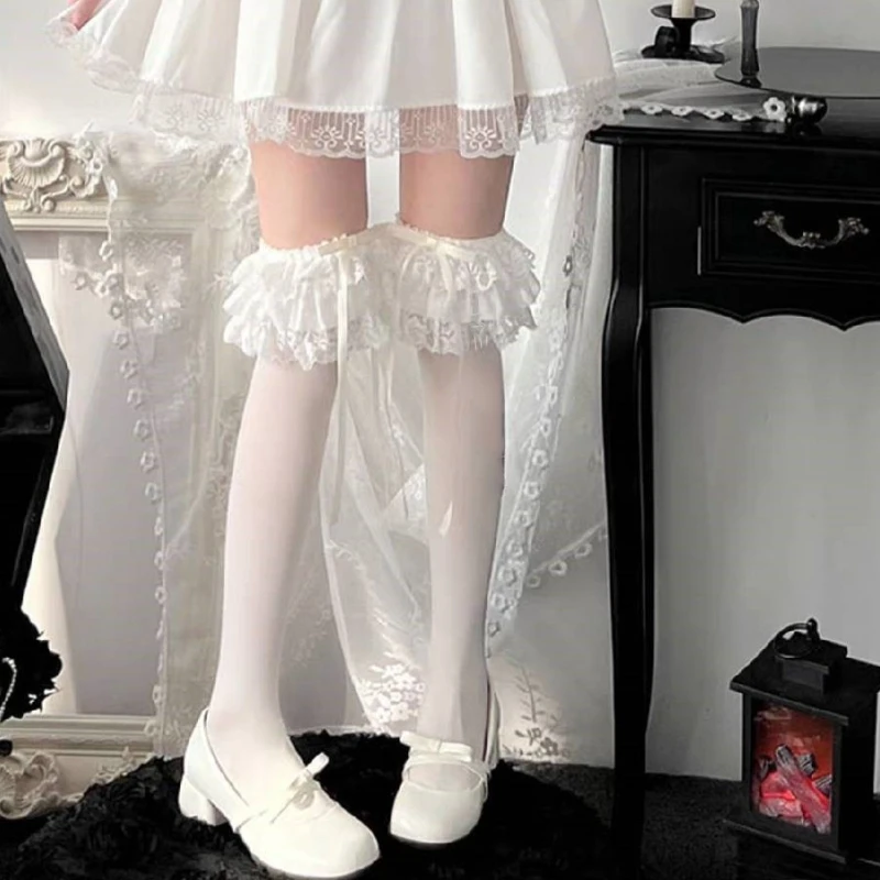 Lolita Over Knee Socks with Multi Layer Lace Edging Ribbon Japanese Style Sweet Campus Girl Butterfly Knot Retro Y2K JK Party