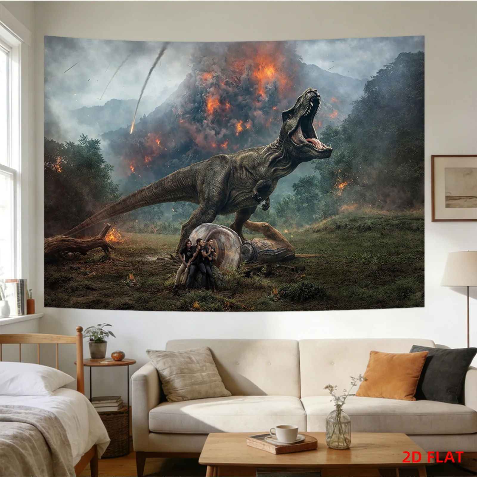 T-Rex Dinosaur Tapestry with Volcano Eruption and Flames 180x280cm Wall Decor aesthetic room decor