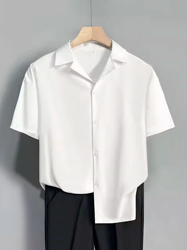 

Летняя мужская рубашка с кубинским воротником из тонкого ледяного шелка, повседневная, модная, с асимметричным разрезом по бокам, свободного кроя