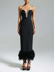 Sexy Strapless Diamonds Feathers Bandage Dress Women Black Crystal Off shoulder Bodycon Dresses Elegant Evening Party Gowns