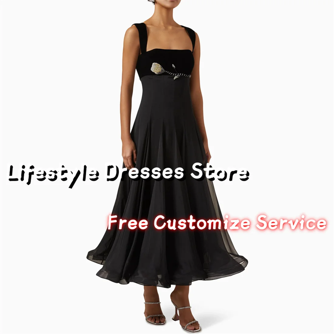 Customized Black A-Line Rose Beaded Evening Dresses Square Neck Sleeveless Prom Dresses Ankle-Length Women Formal Party Dresses