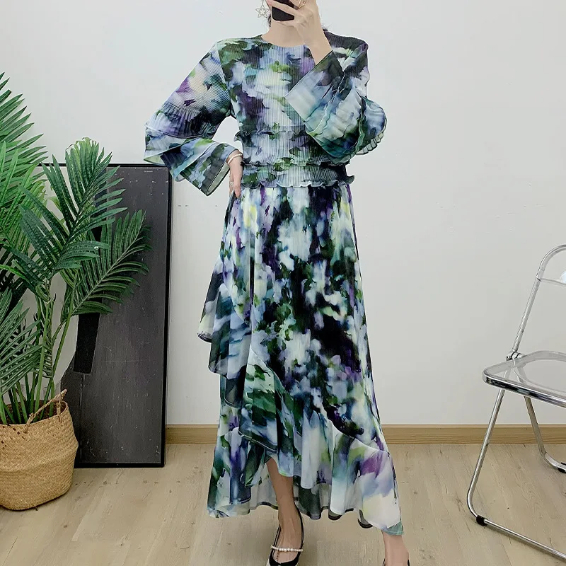 

Pleated Dress Women Autumn And Winter New Elegant Slimming Lace Ruffle Sleeve Pleated Long Dress