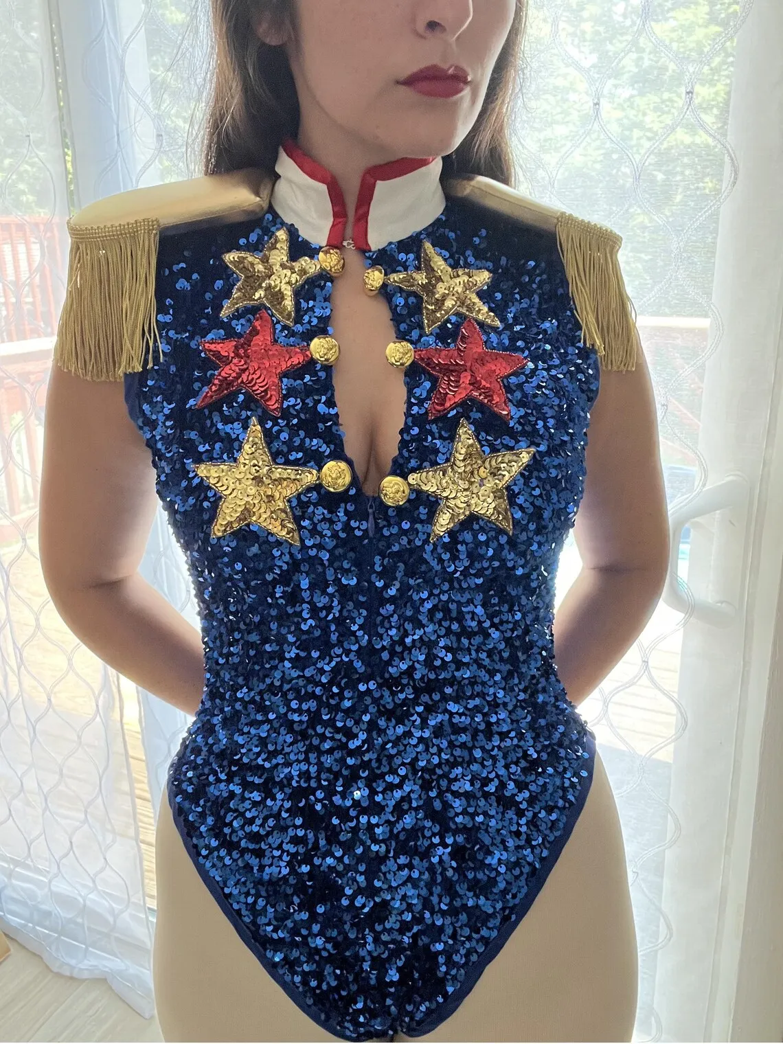 

Custom Made Music Hot To Go Blue Sequin Leotard Cosplay Costumer Signer Chappell Sparkly Bodysuit Showgirl Concert Outfit