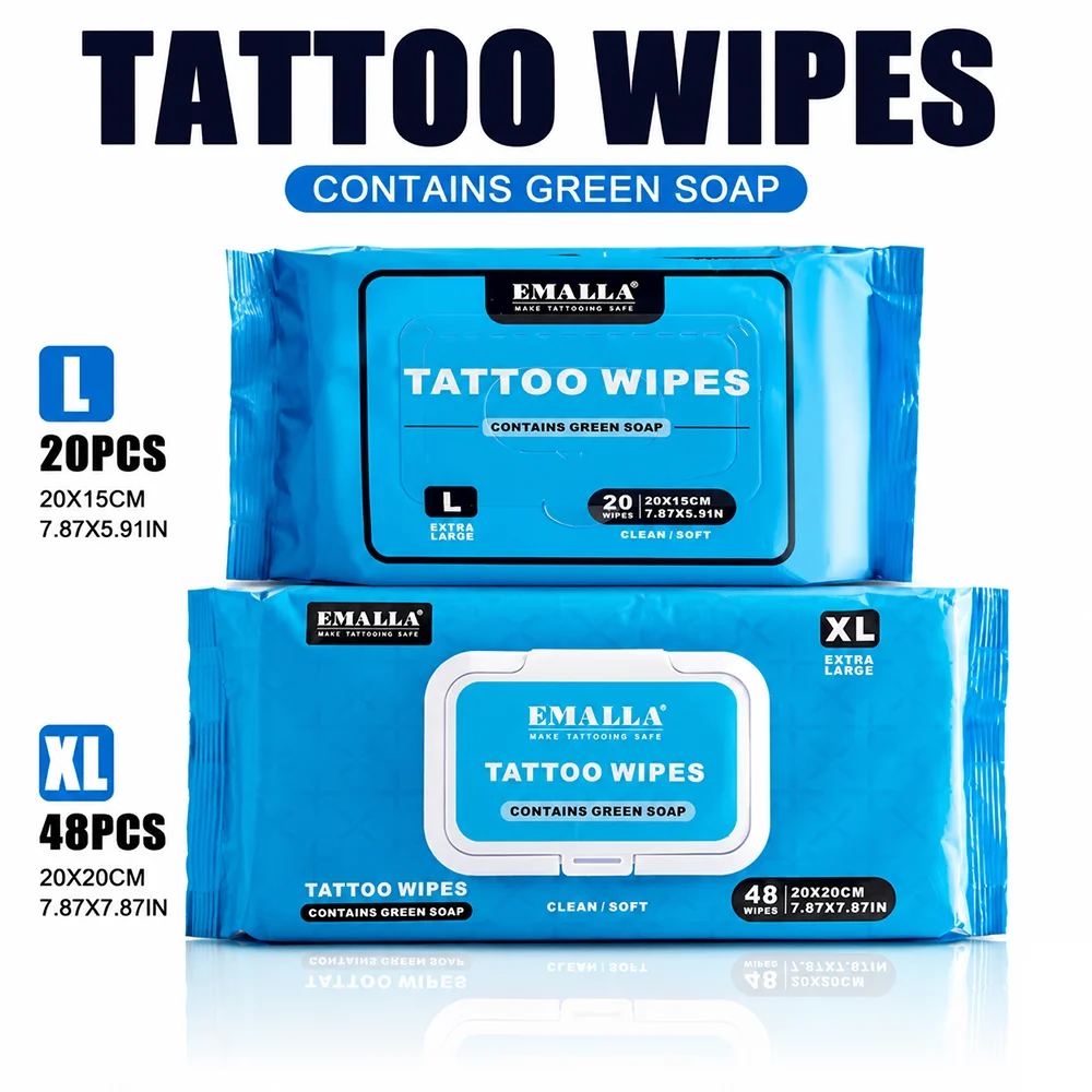 48/20pcs EMALLA Tattoo Green Soap Wipes Alcohol Free Cleansing Wipes Natural Formula Permanent Makeup Aftercare Wipes Supplies