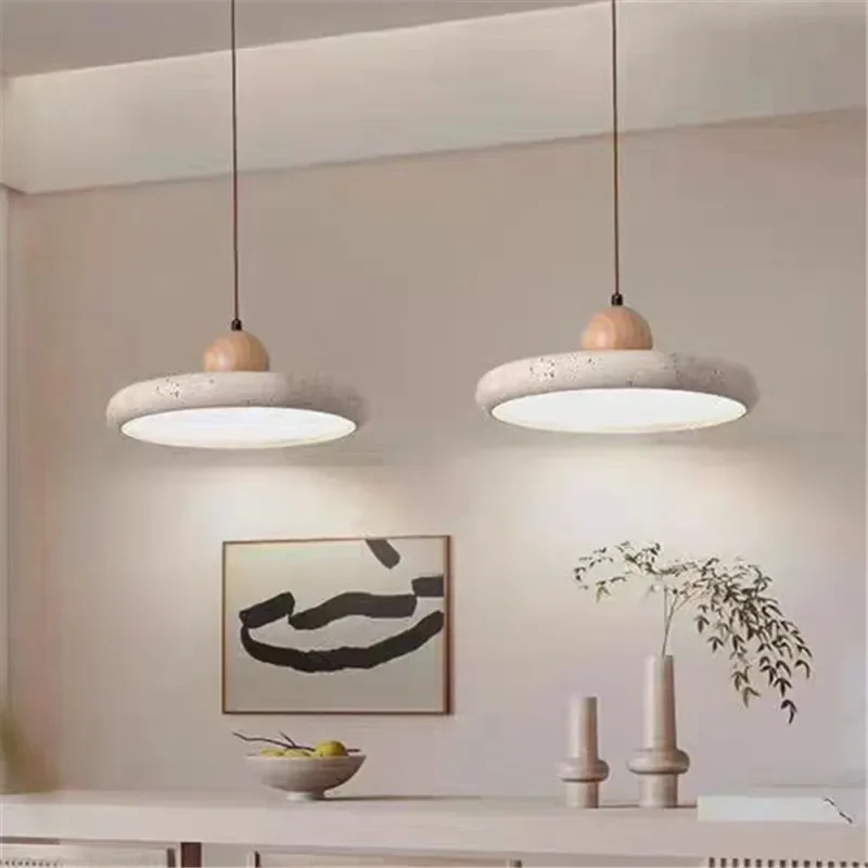 Restaurant creative yellow stone pendant light Wabi sabi art wood pendant light LED bedroom decoration circular lighting fixture