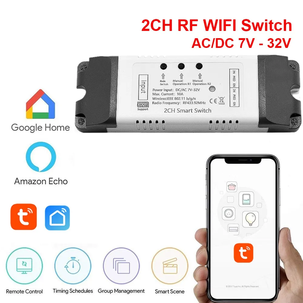 Tuya 2CH 433mhz RF wifi Switch DC 7V/12V/24V/32V/220V interruttori fai da te modulo relè supporto Alexa Google Home Alice controllo vocale