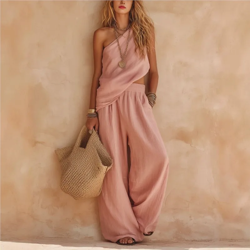 2026 New Summer Women's Pants Set With Diagonal Shoulders Solid Color Casual And Loose Elegant Fashionable Comfortable Pants Set