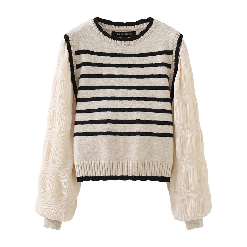 2024 Fake Two Striped Waistcoat Patchwork Knit Sweater Women's Early Spring Design Sense with A Base Shirt Puffy Sleeve Top L378