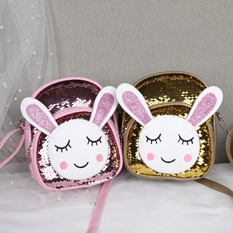 

New Kids' Backpack for Boys and Girls: Fashionable Sequined School Bag with Cartoon Rabbit Design and Crossbody Strap