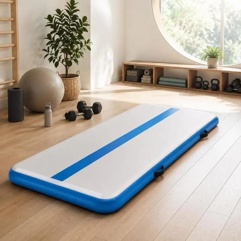 Airtrack Aufblasbare Gymnastikmatte, PVC-Turnmatte, Tragbar mit Elektrischer Pumpe, Multifunktionalem Schraubenschlüssel und Tragetasche, Blau