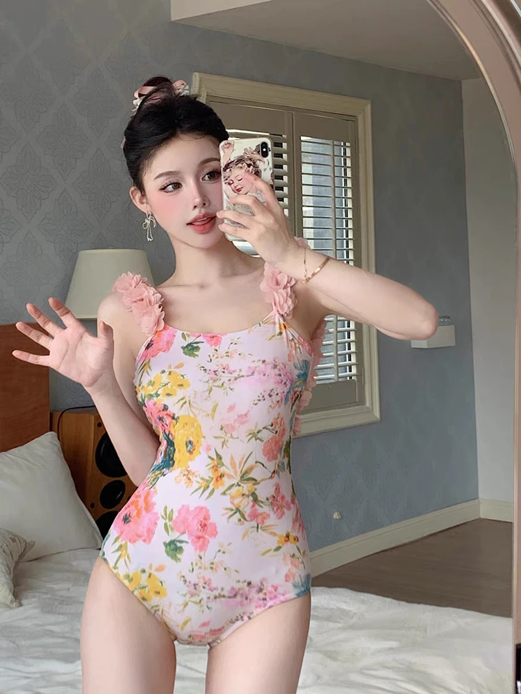 

Ele Floral Print Swimsuit with Strap Bal Design Bodycon Sle Coverage Belly Qui Dry Nylon Spandex Polye...