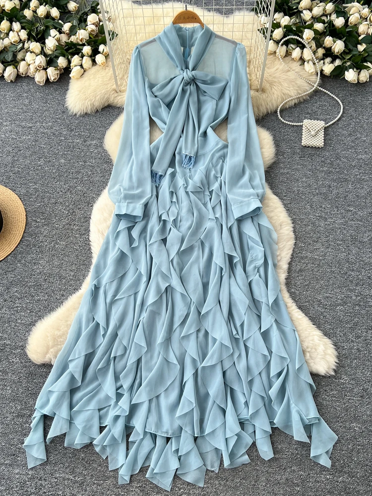 플리츠 허리와 매듭 디자인으로 슬림하고 가을에 입기 좋은 여성용 드레스