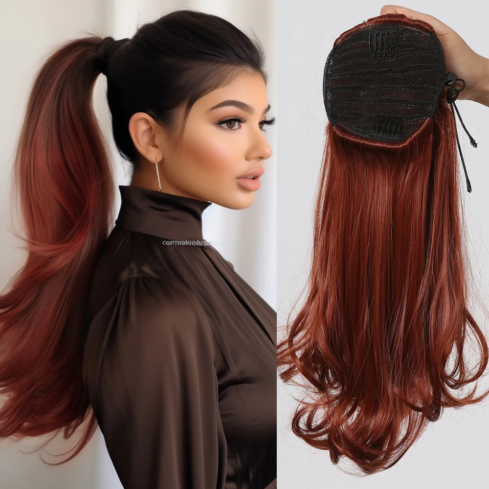 

Drawstring Ponytail Synthetic Clip in Ponytail Hair Extension Red Brown Long Tail Warping Pony Tail Hairpiece for Women Daily