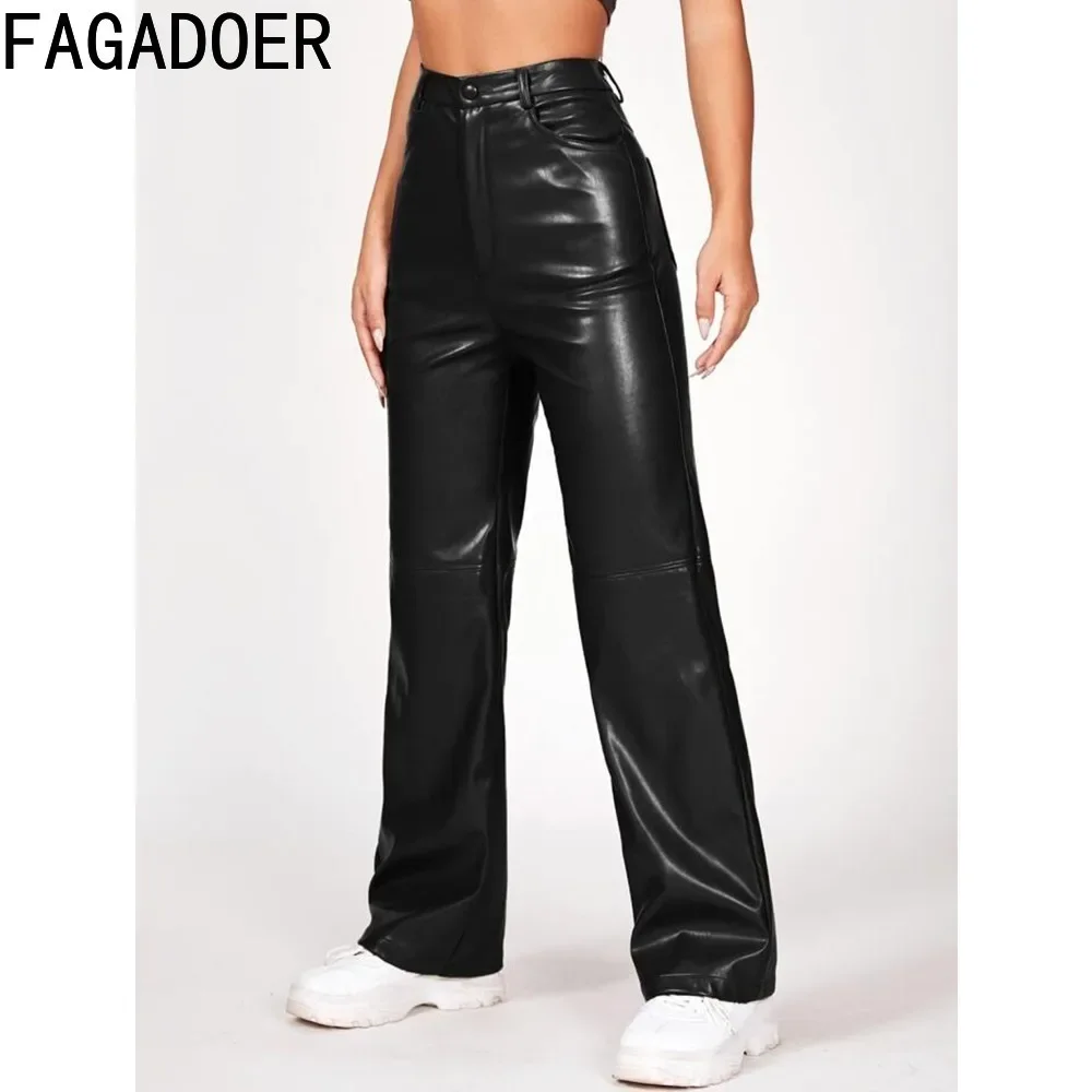 FAGADOER Black Fashion PU Leather Straight Pants Women High Waist Button Pocket Trousers Casual Female Solid Color Bottoms 2024