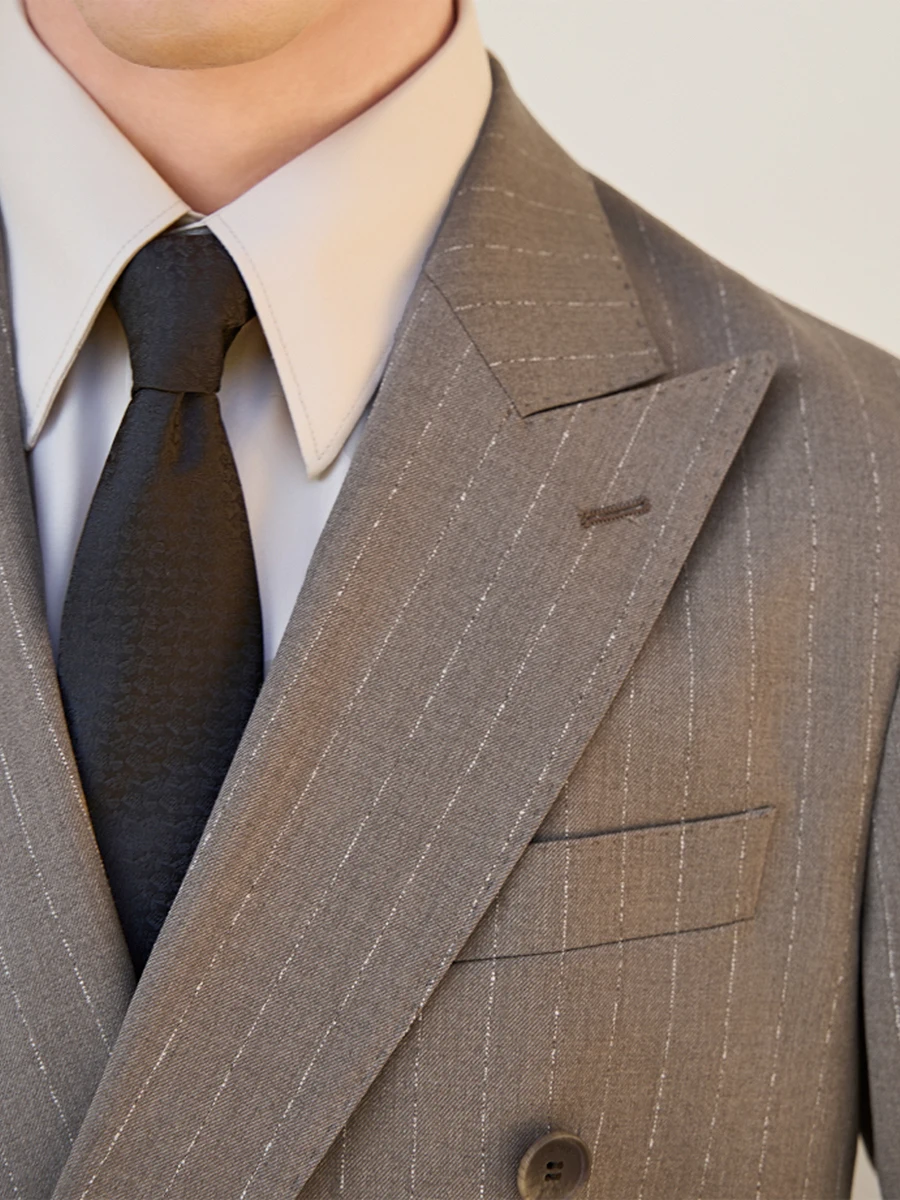 Mens Suits Set Blazer Pant Brown Stripe Double Breasted Handsome Gentleman Wedding Groom Wear Luxury Man Daily Clothing 54 46