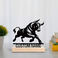 1pc Stylish Personalized Custom Bull Metal Statues Metal Art With Wooden Base Bedroom, Living Room, Desktop Decoration Gifts