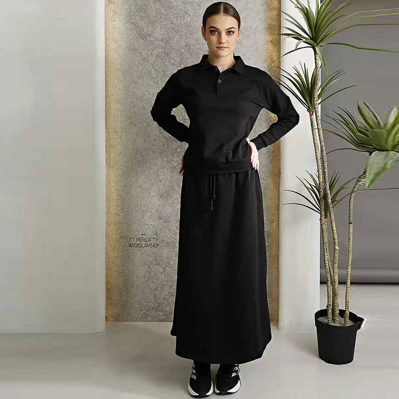 New Fall Women Lady Clothes Black Sweatshirt Shirt Maxi Waisted Skirt Long Sleeves Top Square Collar Girl Skirts with String Set