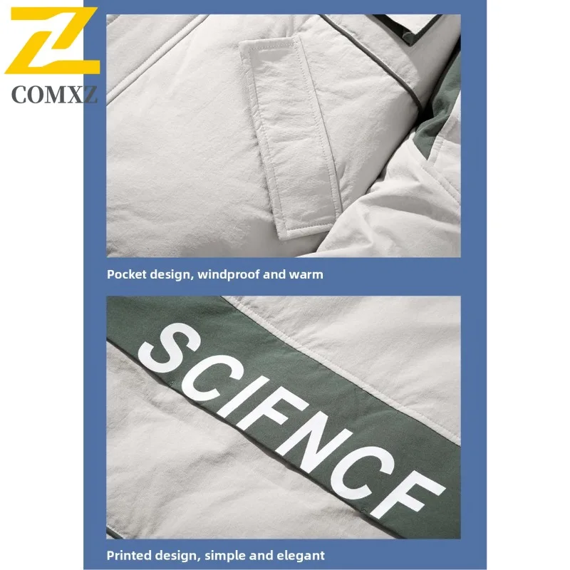 COMXZ Mid Length Hooded Down Jacket Men 2025 New Autumn Winter Thermal Parka Down Jacket Fashion color block Thickened WorkWear