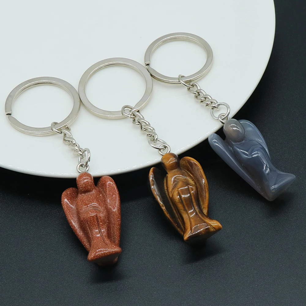 5pc Angel Natural Stone KeyChain Pendant Charms Healing Crystal Agate Quartz Stone Lovely Jewelry Handbag Accessories 22x35mm