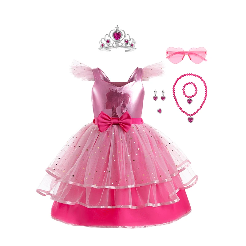 

Carnival Cosplay Costume Toddlers Girl Summer Pink Flying Sleeve Sequin Bow Print Princess Dress For Birthday Graduation Party