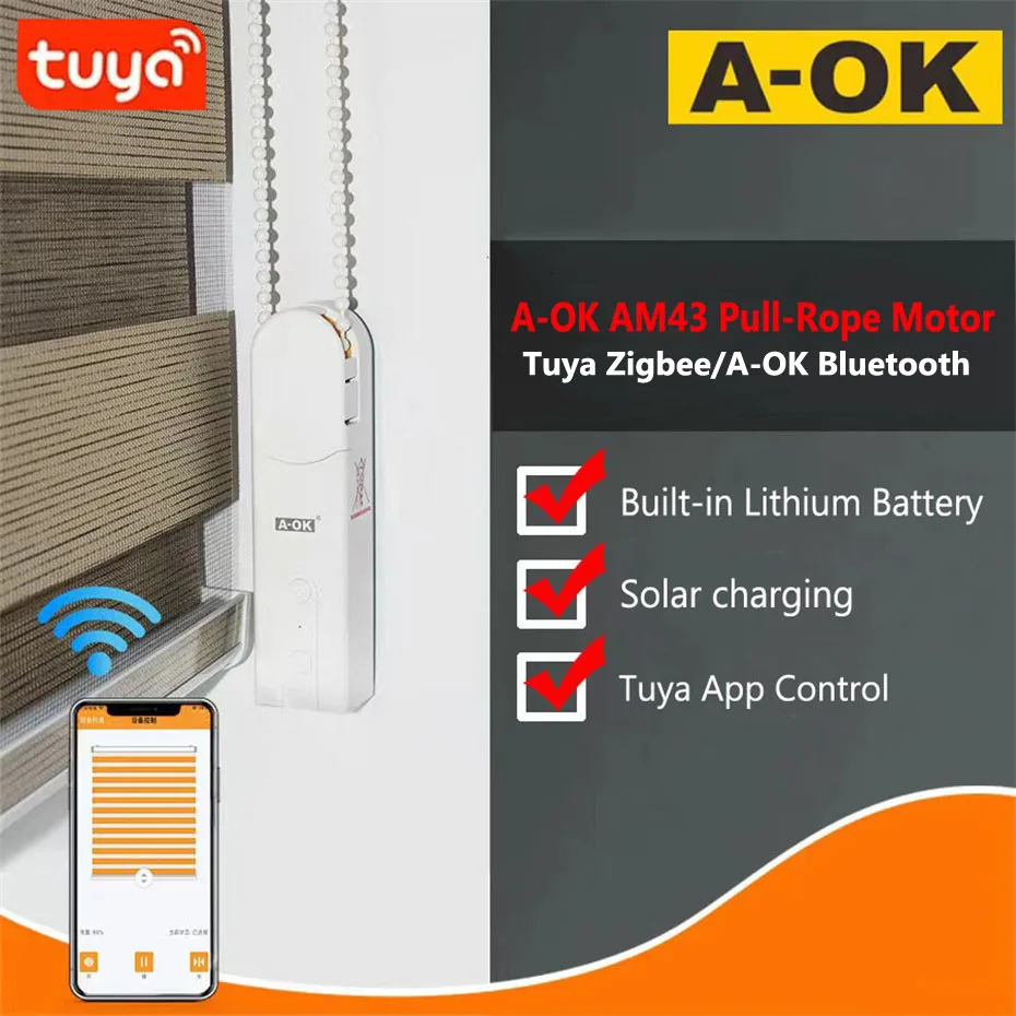 A-OK Am43 Kralenketting Pull-Touwblinde Motor,Tuya Smart App Zigbee Bluetooth, Spraakbesturing Via Alexa Google,Upgrade Handmatig Gordijn